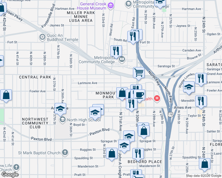 map of restaurants, bars, coffee shops, grocery stores, and more near 3185 Fowler Avenue in Omaha