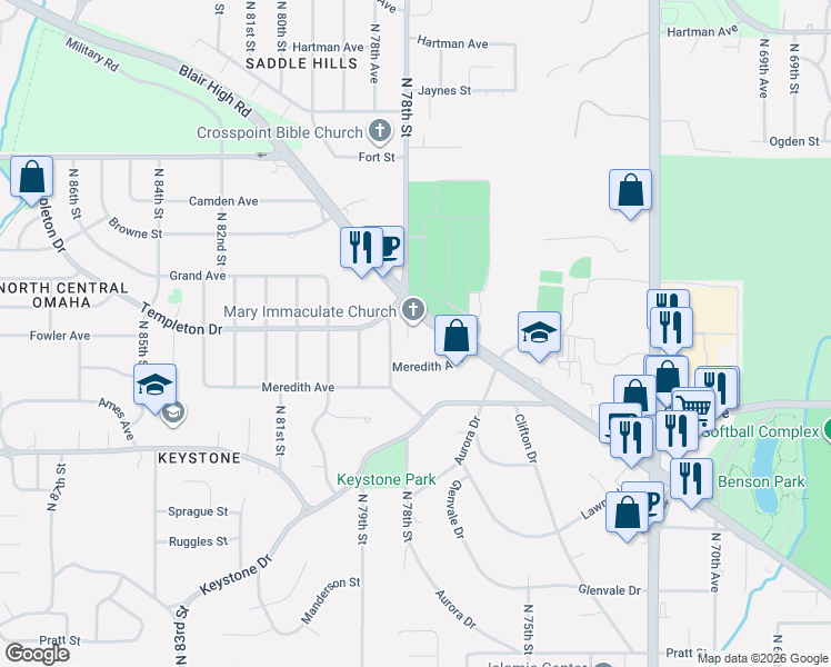 map of restaurants, bars, coffee shops, grocery stores, and more near 7640 Meredith Avenue in Omaha