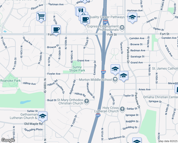map of restaurants, bars, coffee shops, grocery stores, and more near 10277 Fowler Avenue in Omaha
