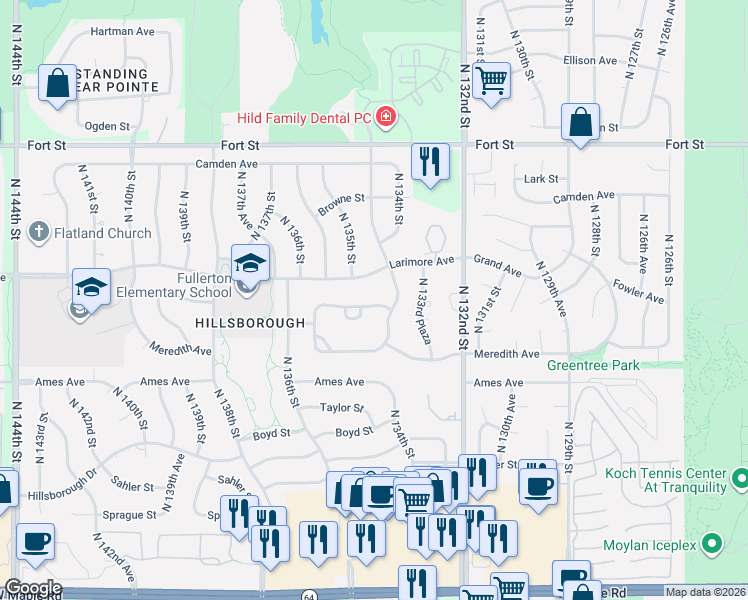 map of restaurants, bars, coffee shops, grocery stores, and more near 4618 134th Avenue in Omaha