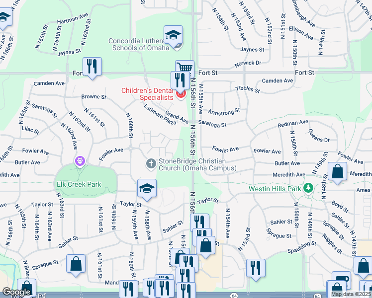 map of restaurants, bars, coffee shops, grocery stores, and more near 4801 North 156th Court in Omaha