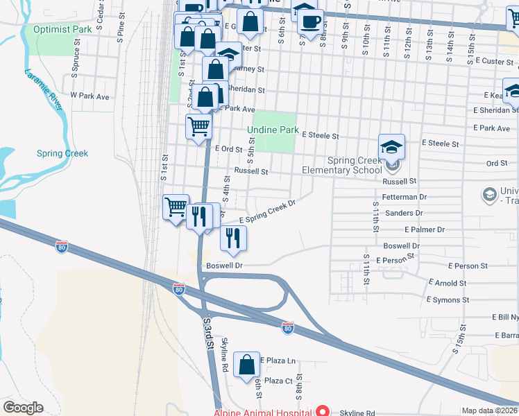 map of restaurants, bars, coffee shops, grocery stores, and more near 509 East Spring Creek Drive in Laramie