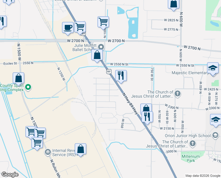 map of restaurants, bars, coffee shops, grocery stores, and more near 2491 North Highway 89 Highway in Pleasant View