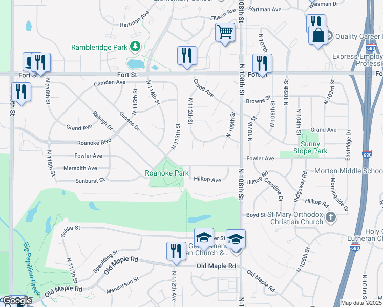 map of restaurants, bars, coffee shops, grocery stores, and more near 11032 Fowler Avenue in Omaha