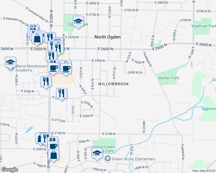 map of restaurants, bars, coffee shops, grocery stores, and more near 2318 650 East Street in Ogden