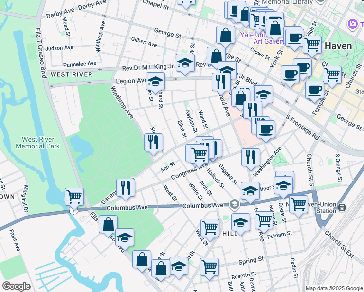 map of restaurants, bars, coffee shops, grocery stores, and more near 210 Davenport Avenue in New Haven