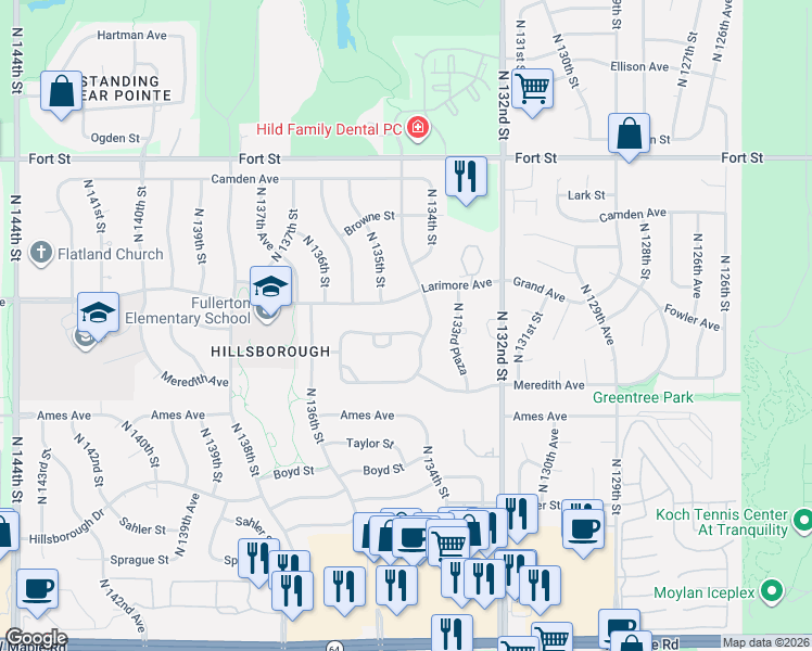 map of restaurants, bars, coffee shops, grocery stores, and more near 4618 134th Avenue in Omaha