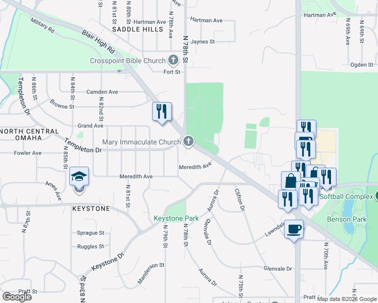 map of restaurants, bars, coffee shops, grocery stores, and more near 7640 Meredith Avenue in Omaha