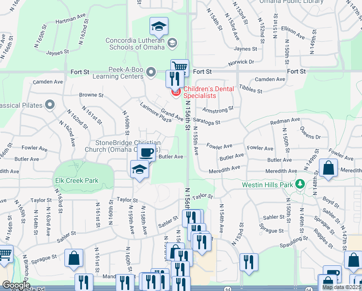 map of restaurants, bars, coffee shops, grocery stores, and more near 4801 North 156th Court in Omaha