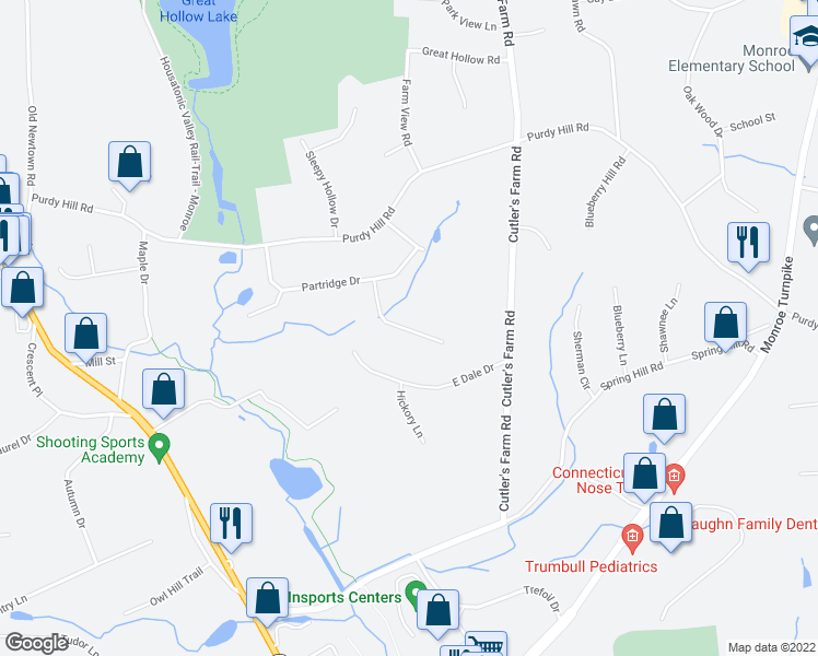 map of restaurants, bars, coffee shops, grocery stores, and more near 31 Country Ridge Drive in Monroe