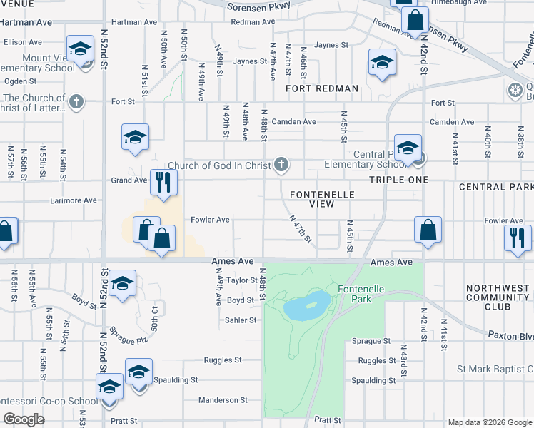 map of restaurants, bars, coffee shops, grocery stores, and more near 4735 Fowler Avenue in Omaha