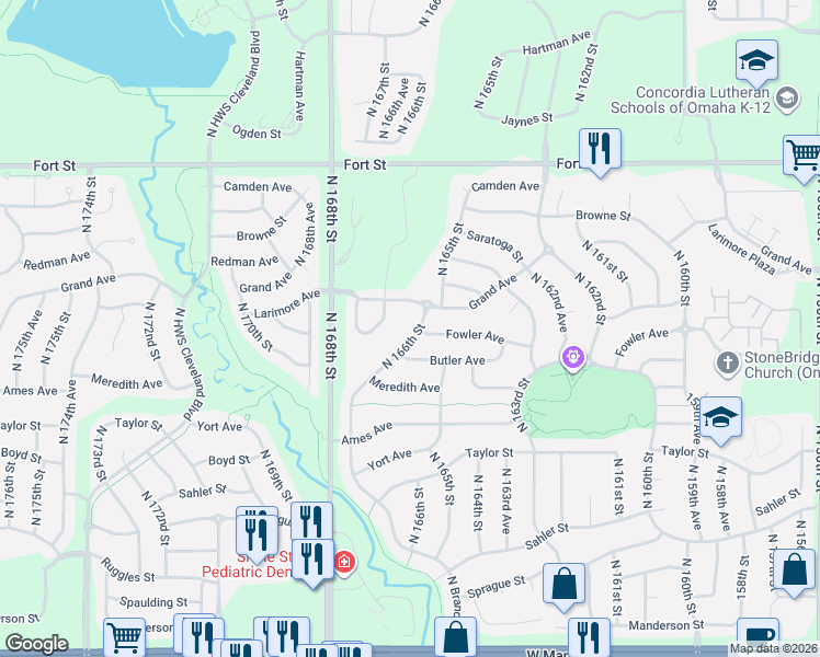 map of restaurants, bars, coffee shops, grocery stores, and more near 16540 Butler Avenue in Omaha