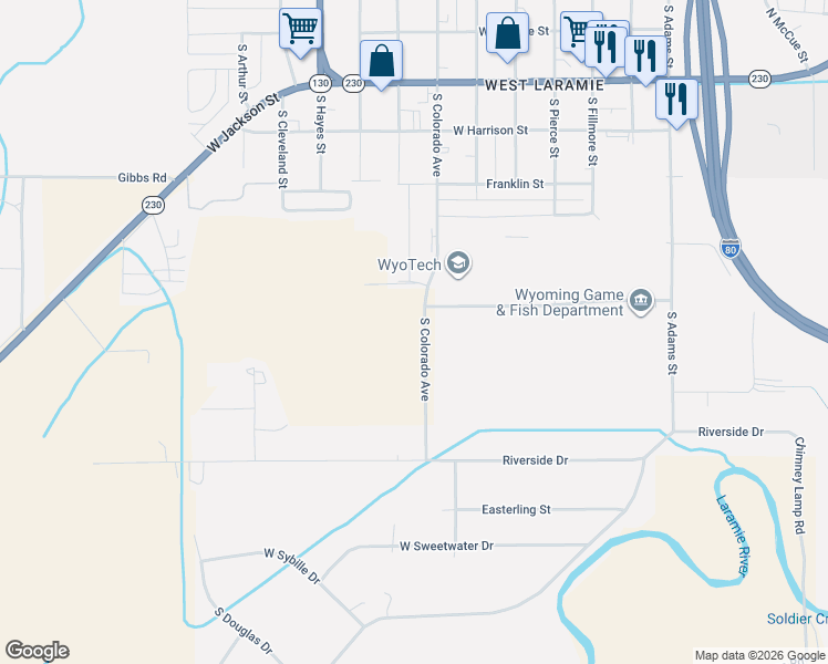 map of restaurants, bars, coffee shops, grocery stores, and more near South Colorado Avenue in Laramie