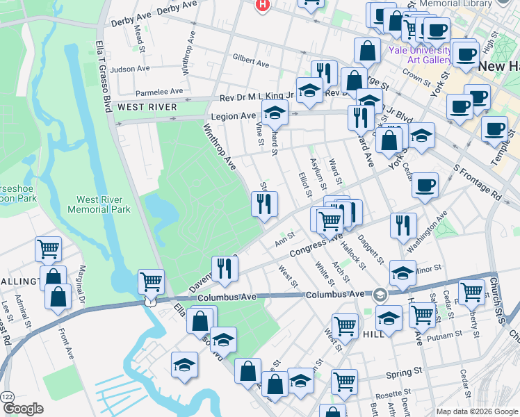 map of restaurants, bars, coffee shops, grocery stores, and more near 11 Winthrop Avenue in New Haven