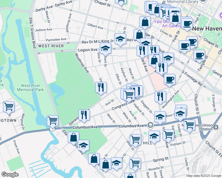 map of restaurants, bars, coffee shops, grocery stores, and more near 250 Davenport Avenue in New Haven