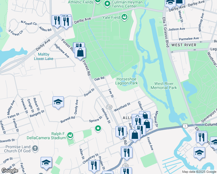 map of restaurants, bars, coffee shops, grocery stores, and more near 154 Lee Street in West Haven