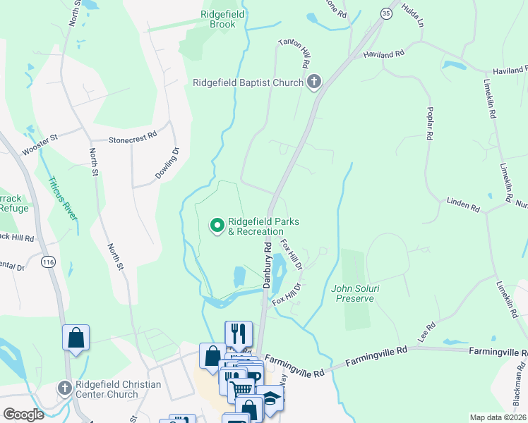 map of restaurants, bars, coffee shops, grocery stores, and more near 233 Danbury Road in Ridgefield