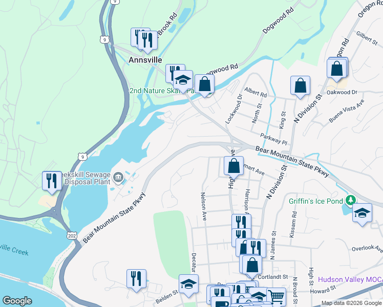 map of restaurants, bars, coffee shops, grocery stores, and more near 2 Lakeview Drive in Peekskill