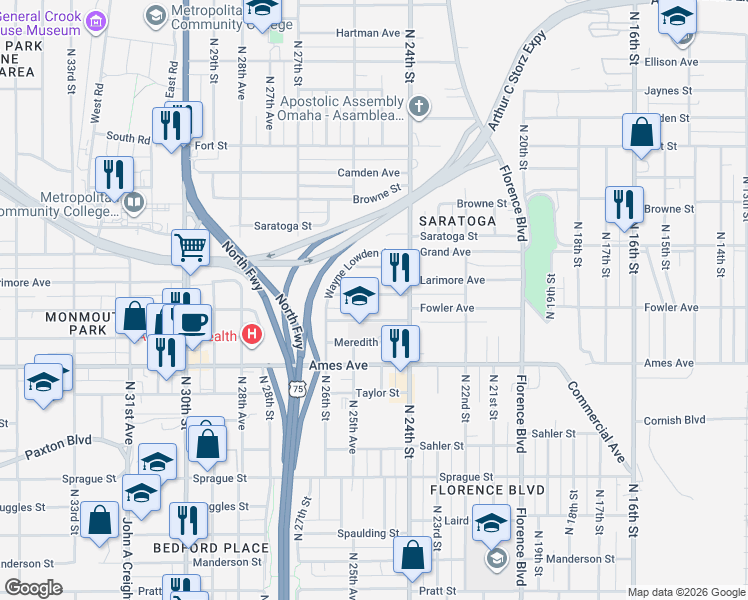 map of restaurants, bars, coffee shops, grocery stores, and more near 2504 Meredith Avenue in Omaha