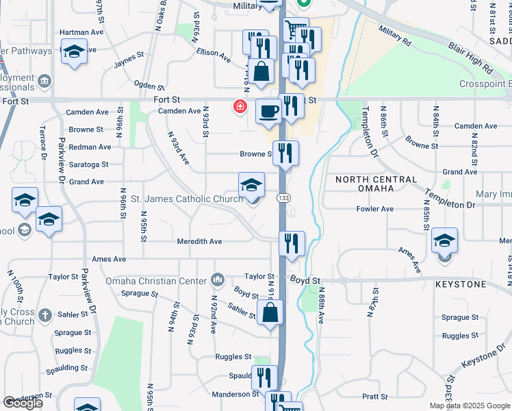 map of restaurants, bars, coffee shops, grocery stores, and more near 9114 Meredith Circle in Omaha