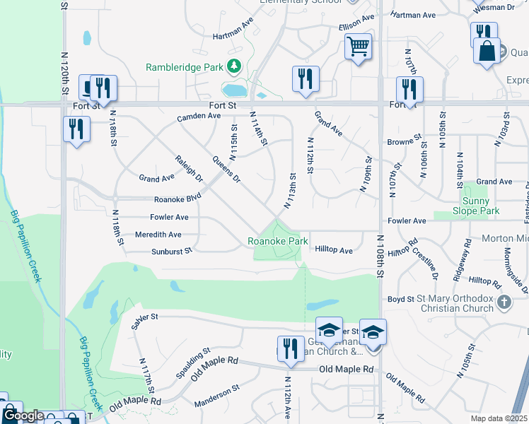 map of restaurants, bars, coffee shops, grocery stores, and more near 11306 Raleigh Drive in Omaha