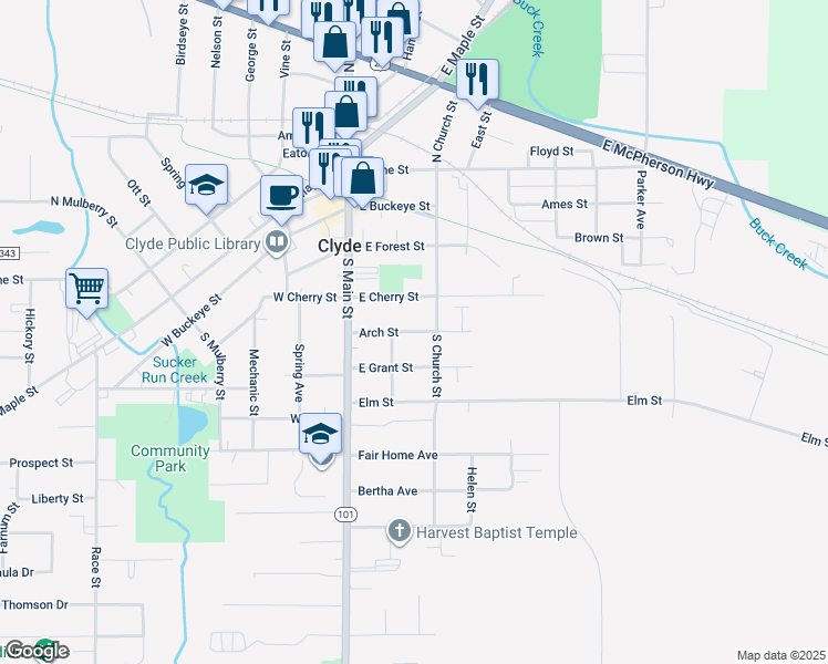 map of restaurants, bars, coffee shops, grocery stores, and more near 213 East Grant Street in Clyde