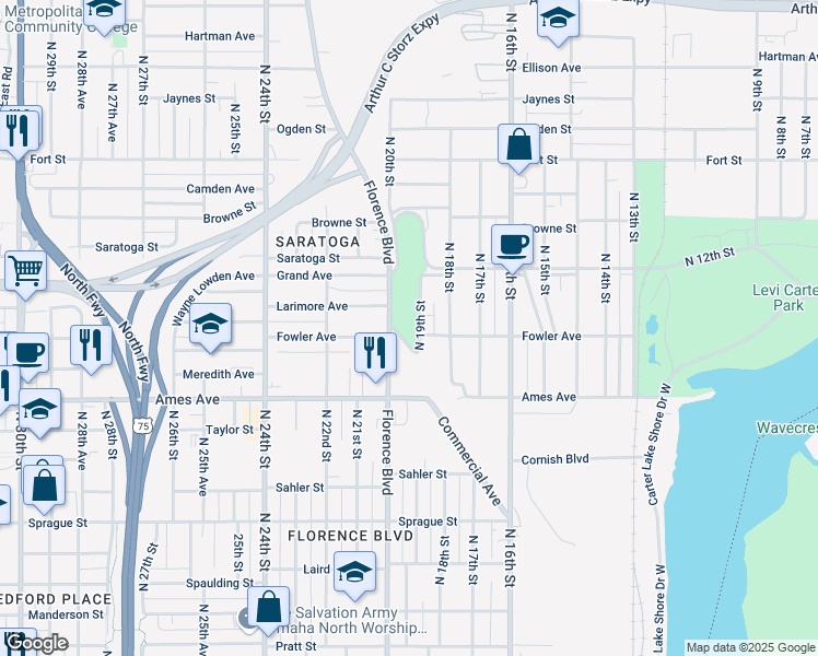 map of restaurants, bars, coffee shops, grocery stores, and more near 4603 Florence Boulevard in Omaha