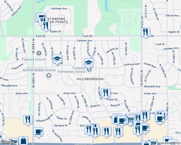 map of restaurants, bars, coffee shops, grocery stores, and more near 4711 North 138th Street in Omaha
