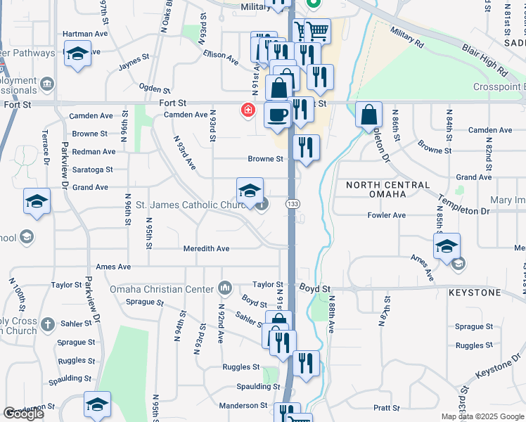 map of restaurants, bars, coffee shops, grocery stores, and more near 9114 Meredith Circle in Omaha