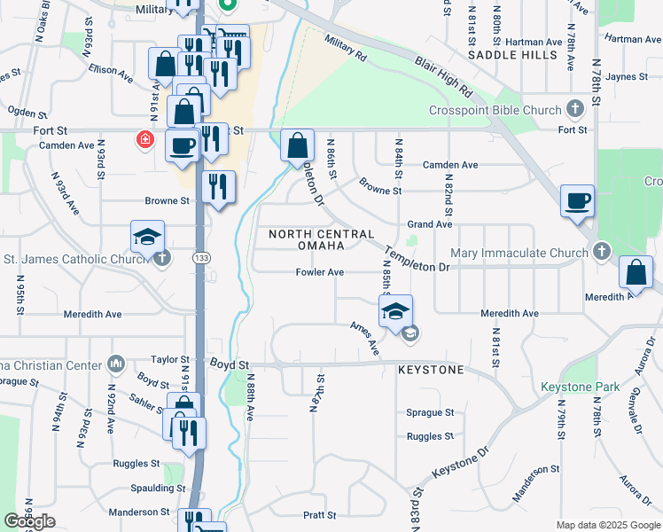 map of restaurants, bars, coffee shops, grocery stores, and more near 8608 Larimore Avenue in Omaha