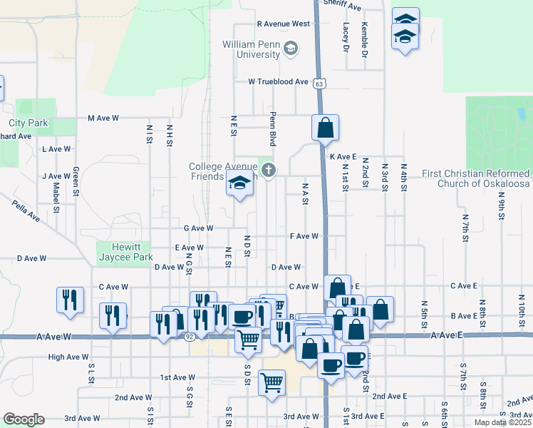 map of restaurants, bars, coffee shops, grocery stores, and more near 817 North C Street in Oskaloosa