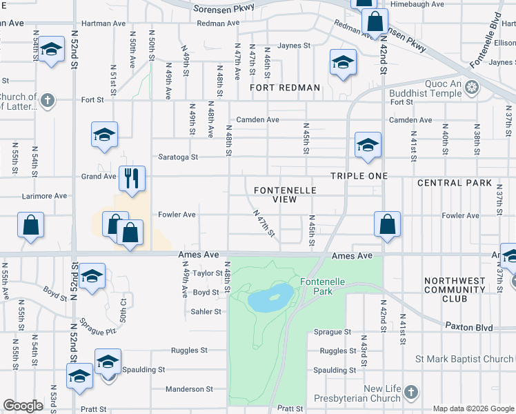 map of restaurants, bars, coffee shops, grocery stores, and more near 4632 Larimore Avenue in Omaha