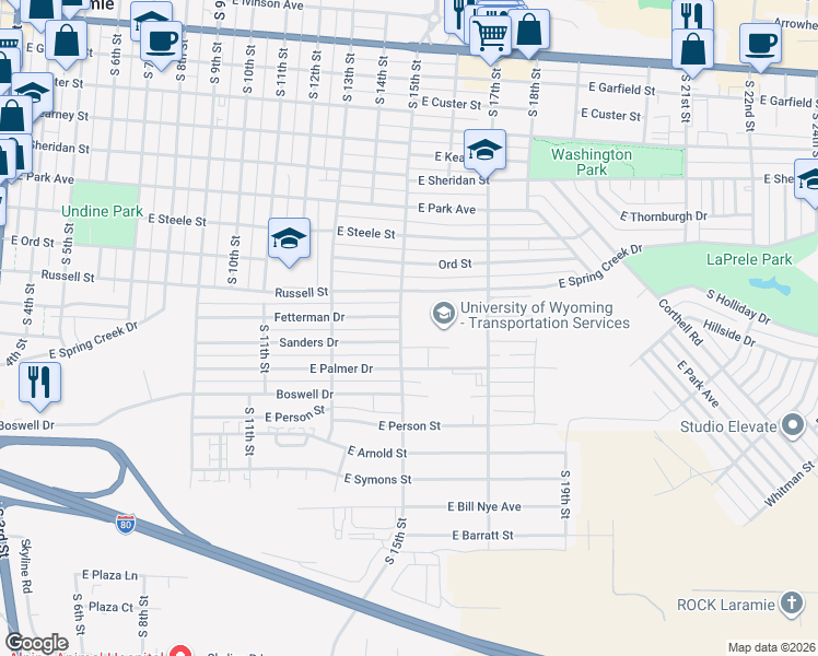 map of restaurants, bars, coffee shops, grocery stores, and more near 1209 South 15th Street in Laramie