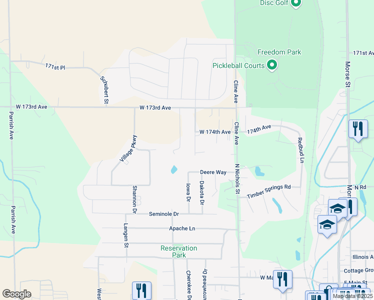 map of restaurants, bars, coffee shops, grocery stores, and more near 17414 Hoshaw in Lowell