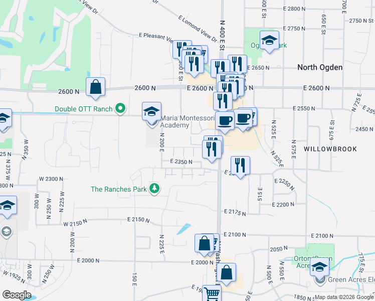 map of restaurants, bars, coffee shops, grocery stores, and more near 2480 North 200 East in Ogden
