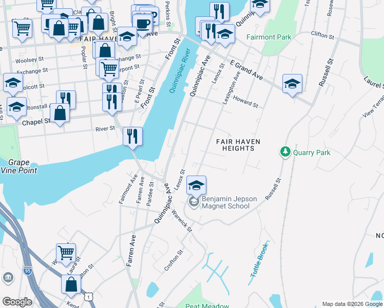 map of restaurants, bars, coffee shops, grocery stores, and more near 135 Lenox Street in New Haven