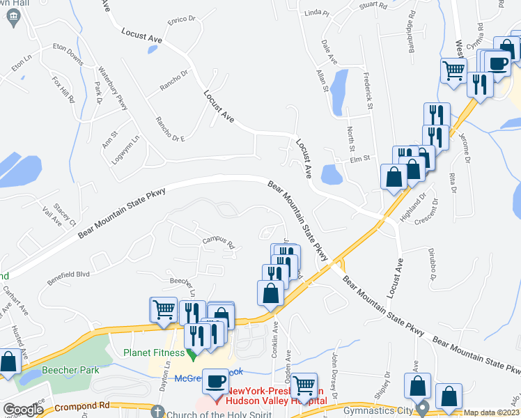 map of restaurants, bars, coffee shops, grocery stores, and more near 2500 Jacobs Hill Road in Cortlandt