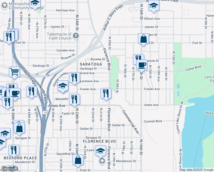 map of restaurants, bars, coffee shops, grocery stores, and more near 2022 Larimore Avenue in Omaha