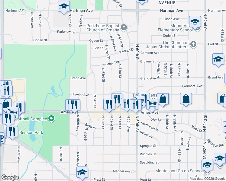 map of restaurants, bars, coffee shops, grocery stores, and more near 4722 North 61st Street in Omaha