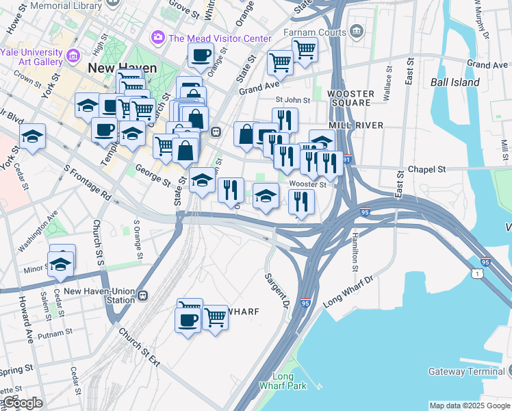 map of restaurants, bars, coffee shops, grocery stores, and more near 190 Wooster Street in New Haven