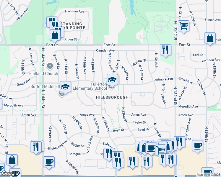 map of restaurants, bars, coffee shops, grocery stores, and more near 4711 North 138th Street in Omaha