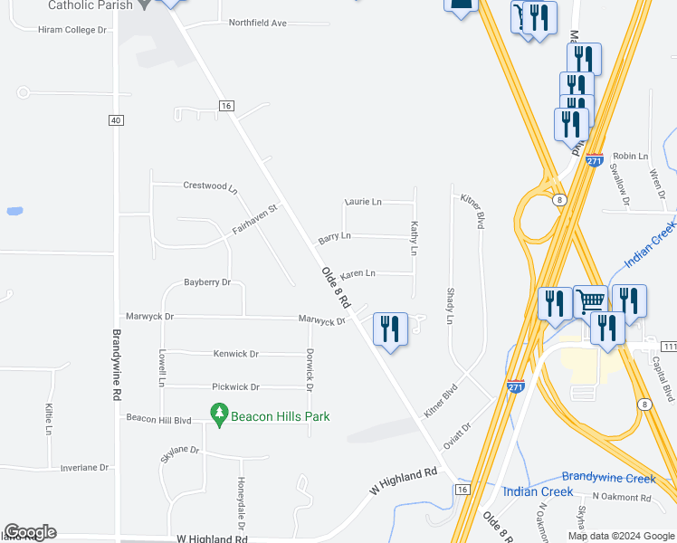 map of restaurants, bars, coffee shops, grocery stores, and more near 8801 Olde 8 Road in Northfield