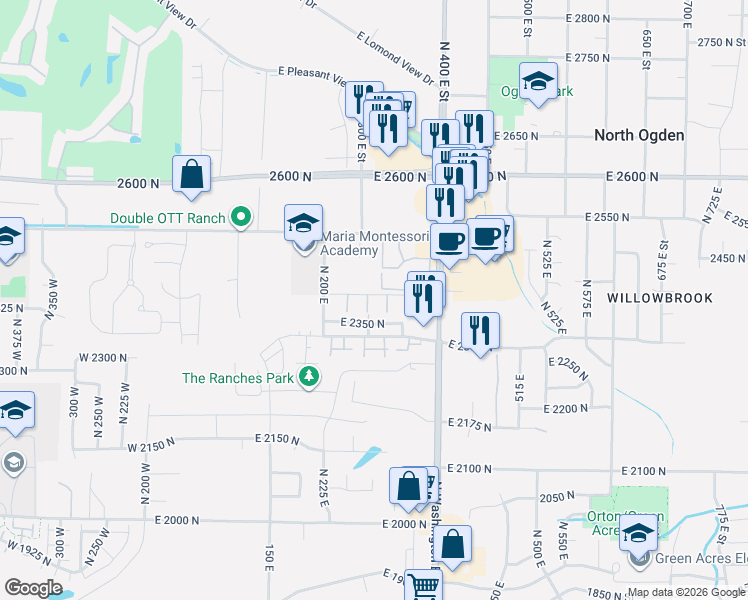 map of restaurants, bars, coffee shops, grocery stores, and more near 2421 North Washington Road Boulevard in North Ogden