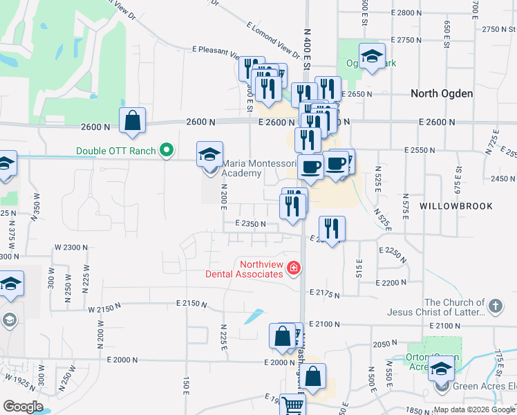 map of restaurants, bars, coffee shops, grocery stores, and more near 2480 North 200 East in Ogden