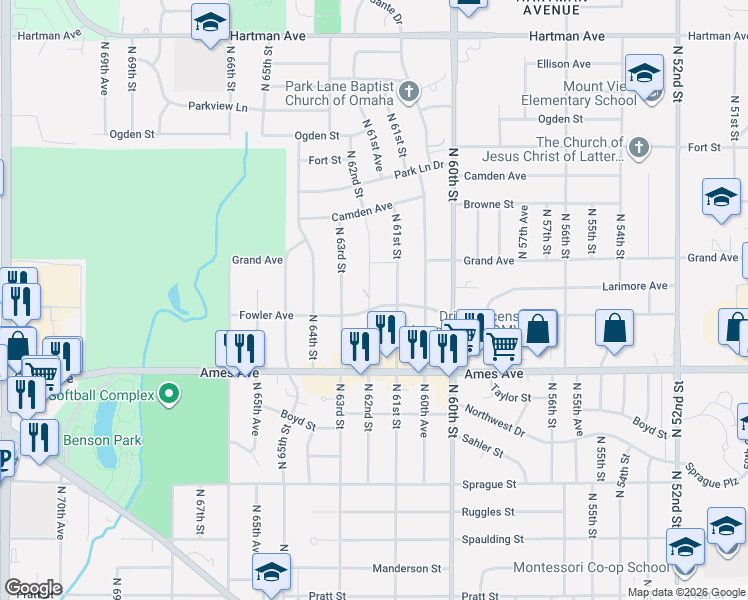 map of restaurants, bars, coffee shops, grocery stores, and more near 4722 North 61st Street in Omaha