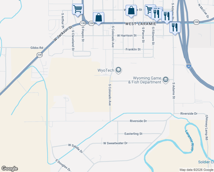 map of restaurants, bars, coffee shops, grocery stores, and more near 1116 South Colorado Avenue in Laramie