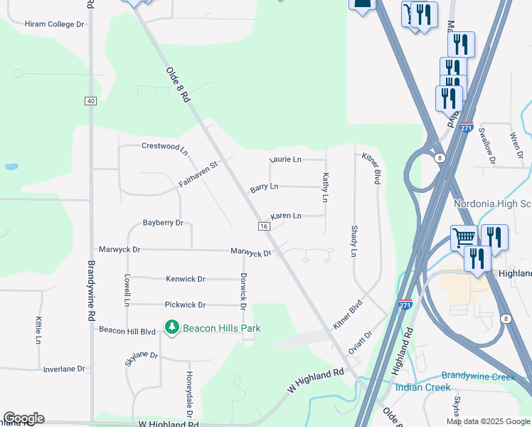 map of restaurants, bars, coffee shops, grocery stores, and more near 8801 Olde 8 Road in Northfield