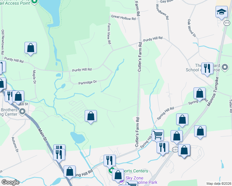 map of restaurants, bars, coffee shops, grocery stores, and more near 31 Country Ridge Drive in Monroe
