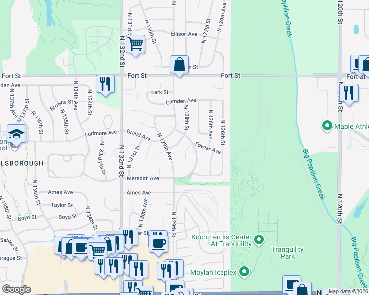 map of restaurants, bars, coffee shops, grocery stores, and more near 12705 Larimore Avenue in Omaha