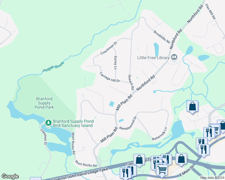 map of restaurants, bars, coffee shops, grocery stores, and more near 170 Mill Plain Road in Branford